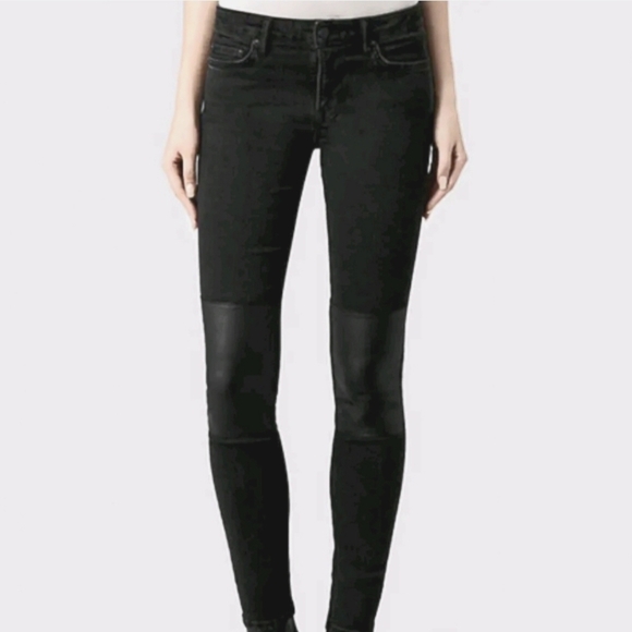 All Saints Washed Black Low Rise Leather Patch Raw Hem Jeans 25 - Picture 1 of 7